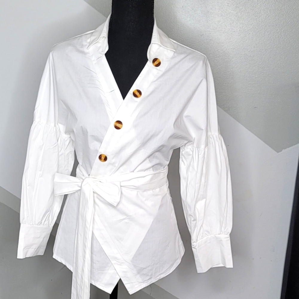 Womens White Wrap Blouse With Balloon Sleeves